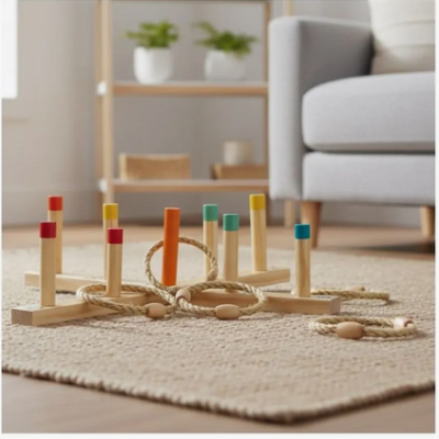 Jogo de argolas de madeira com pinos coloridos e argolas de corda num tapete em sala
