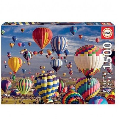 Caixa de puzzle Educa 1500 peças com balões de ar quente coloridos no céu.