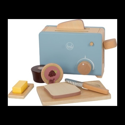 Brinquedo de cozinha em madeira com torradeira azul e acessórios variados