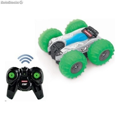 Carrinho de controlo remoto Stunt com rodas verdes e comando preto