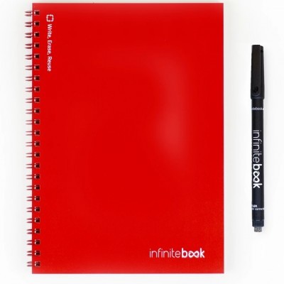 Caderno vermelho com espiral e caneta preta ao lado sobre fundo branco
