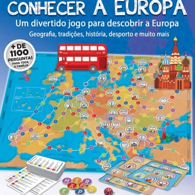 Jogo de tabuleiro CONHECER A EUROPA com mapa colorido da Europa e componentes do jogo