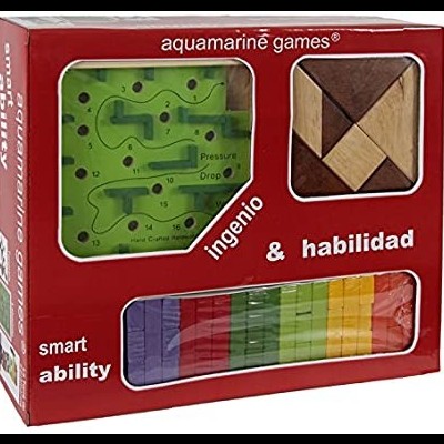 Conjunto de jogos aquamarine games com labirinto verde, quebra-cabeça de madeira e blocos coloridos na embalagem vermelha