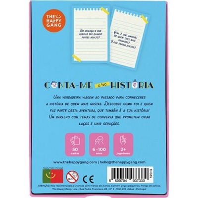 Caixa azul claro do jogo de cartas 'Conta-me a tua História' com texto descritivo e informações do jogo.