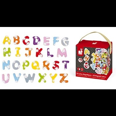Letras magnéticas coloridas e caixa vermelha com alça
