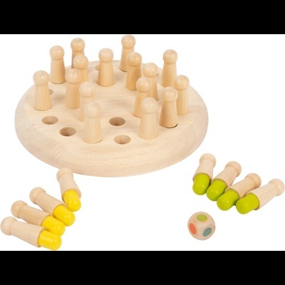 Jogo de tabuleiro de madeira com peças coloridas e dado