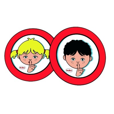 Dois discos redondos com ilustrações de crianças a pedir silêncio