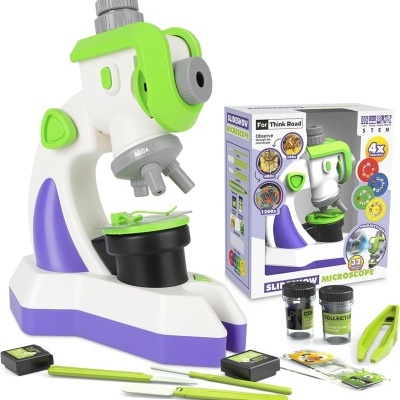 Microscópio infantil branco, verde e roxo com acessórios e caixa