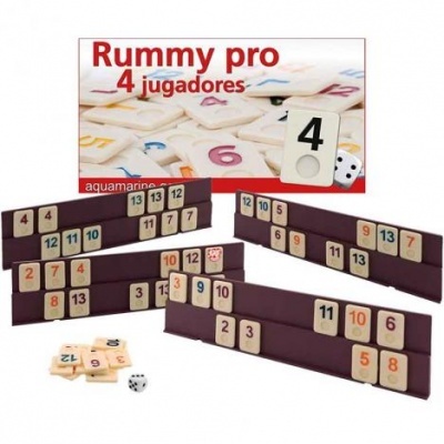 Jogo Rummy Pro para 4 jogadores com peças numeradas coloridas, suportes pretos e dado branco
