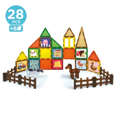 Brinquedo magnético colorido com peças formadoras de casas e figuras de animais numa cerca.