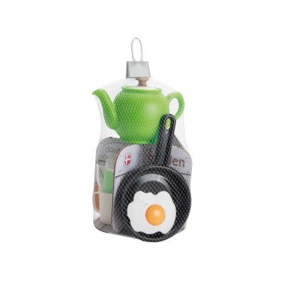 Conjunto de brinquedos de cozinha em plástico dentro de rede branca