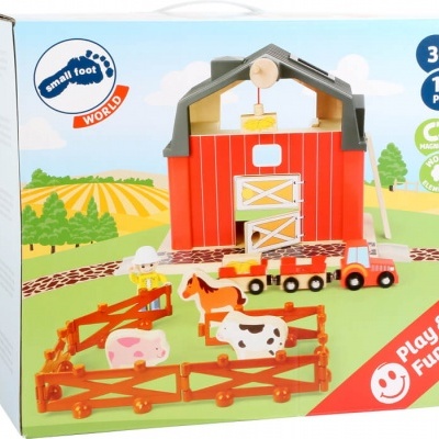 Brinquedo de madeira Small Foot World com celeiro, tractor, cercas e animais