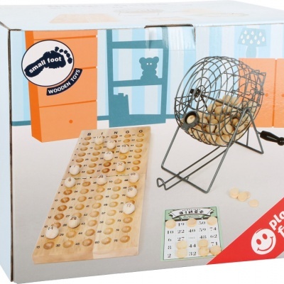 Embalagem de brinquedo de madeira para sorteio com tabuleiro, gaiola metálica e bolinhas numeradas.