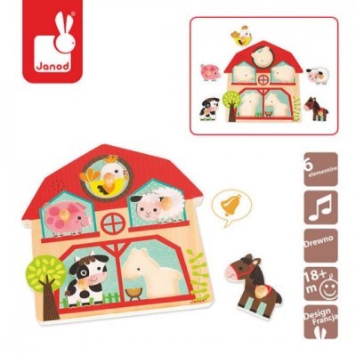 Brinquedo de casa da fazenda em madeira com animais coloridos e logótipo Janod