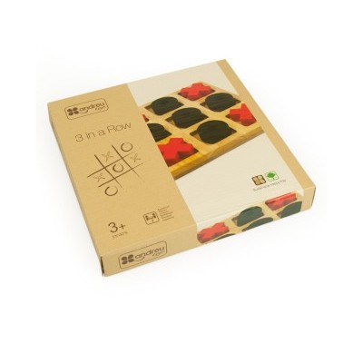 Jogo 3 em linha em madeira com peças vermelhas e pretas em embalagem de cartão reciclado