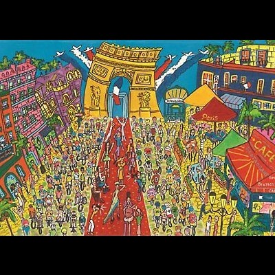 Desenho colorido do Arco do Triunfo em Paris com multidão e tendas coloridas