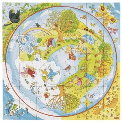 Quebra-cabeças circular colorido com tema de natureza, crianças e animais