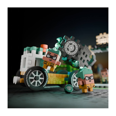 Brinquedo de blocos com carro e figuras coloridas