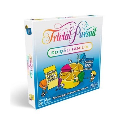 Caixa do jogo Trivial Pursuit Edição Família com fundo azul e branco