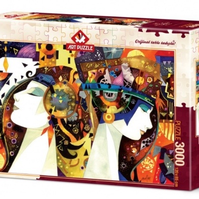 Caixa de puzzle ART PUZZLE com imagem abstrata de três rostos femininos coloridos.