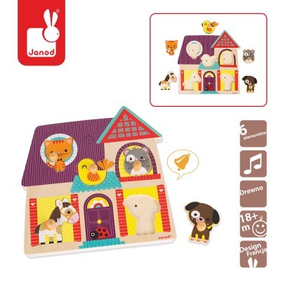 Quebra-cabeças de madeira em forma de casa com animais coloridos