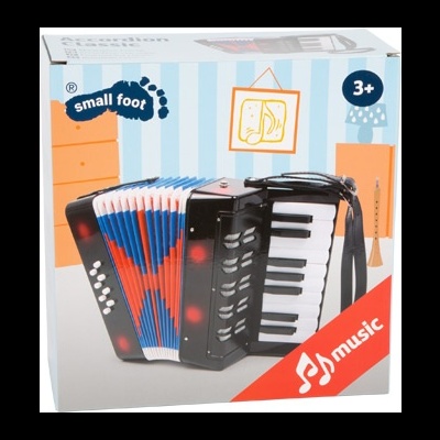 Caixa de brinquedo com acordeão de brinquedo e texto Small foot e music