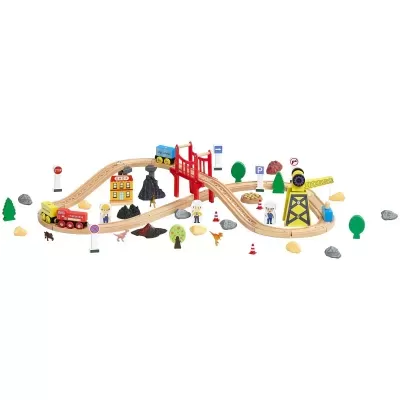 conjunto de comboio de brinquedo em madeira com ponte vermelha e figuras