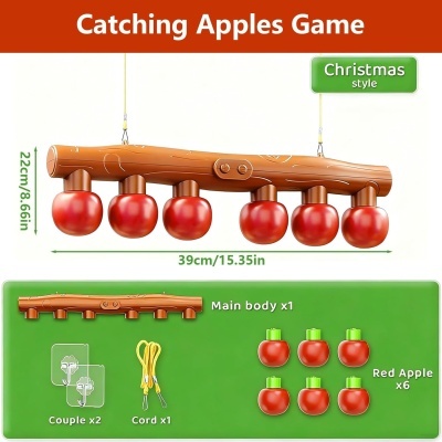 Jogo Catching Apples Game com maçãs vermelhas penduradas em corpo que simula madeira