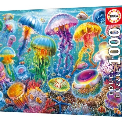 Caixa de puzzle EDUCA 1000 peças com imagem de águas-vivas coloridas subaquáticas
