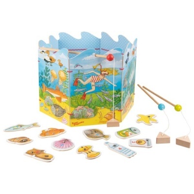 Brinquedo de pesca infantil com tabuleiro e peças magnéticas em madeira colorida