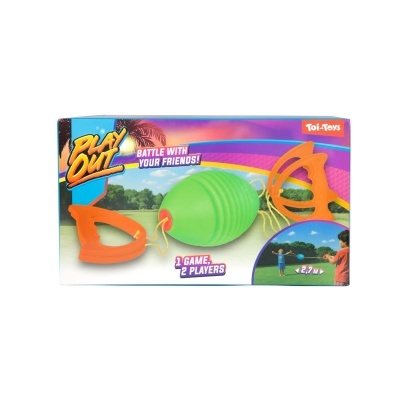 Jogo Play Out com bola verde e pega laranja na caixa colorida.