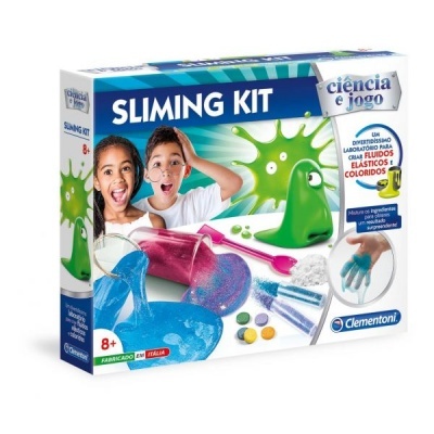 Kit para fazer slime com embalagem mostrando crianças, slime azul e verde e texto em português.