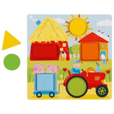 Quebra-cabeças de madeira colorido com tema de quinta e trator