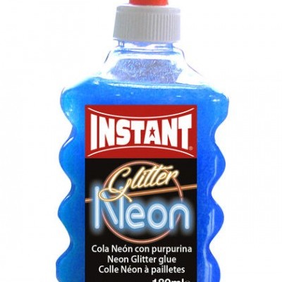 Garrafa de cola neon glitter azul com tampa branca e bico vermelho