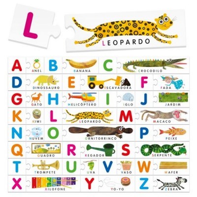 Puzzles educativos com letras do alfabeto e ilustrações coloridas correspondentes