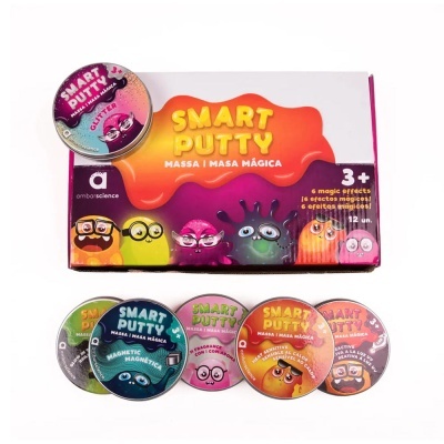 Embalagem e latas de massa mágica Smart Putty coloridas com personagens ilustrados