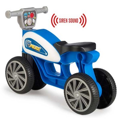 Carrinho infantil moto polícia azul e branco com quatro rodas e painel cinzento