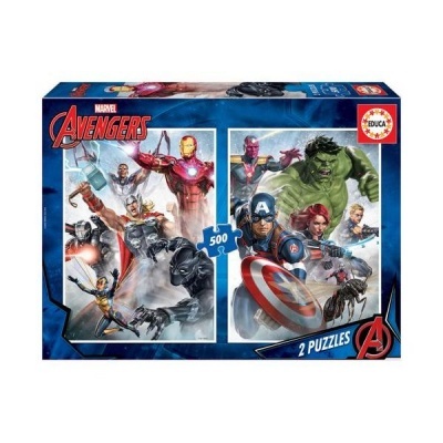 Caixa de quebra-cabeças Marvel Avengers com dois puzzles de 500 peças cada um.
