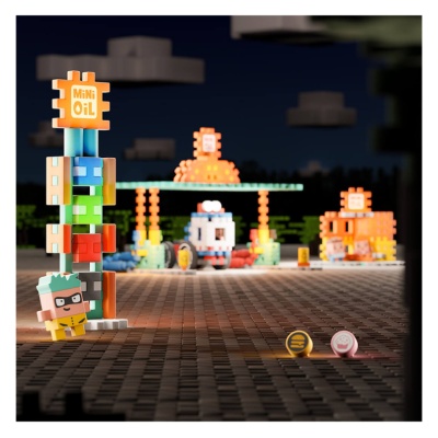 Brinquedo pixelizado colorido com sinal MINi Oil em base de ladrilhos