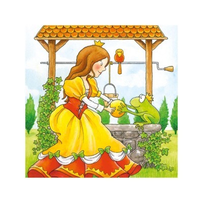 Ilustração de princesa em vestido amarelo e sapo verde junto a uma fonte de pedra