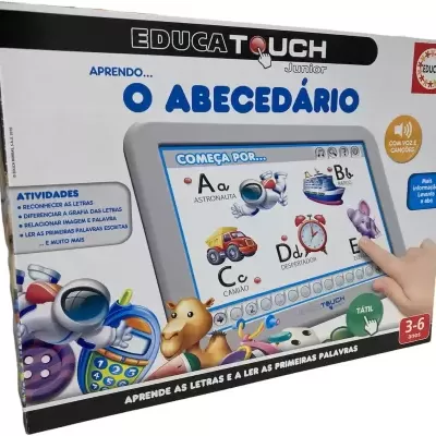 Brinquedo educativo capa com imagens e letras do alfabeto em português