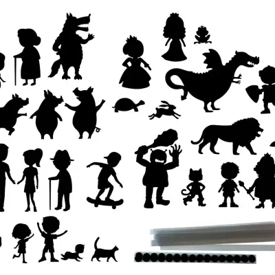 Silhuetas pretas de personagens e animais com tubos e bases para montagem