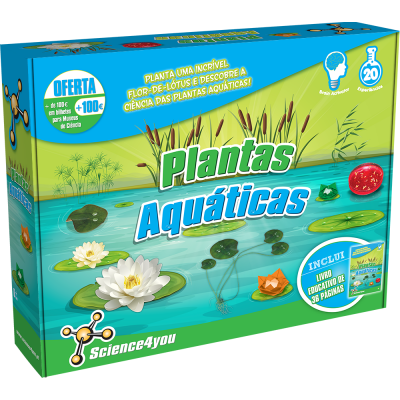 Caixa colorida do kit educativo Plantas Aquáticas da Science4you com imagens de plantas aquáticas e texto informativo