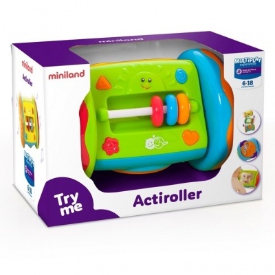 Brinquedo educativo Miniland Actiroller em embalagem branca e roxa