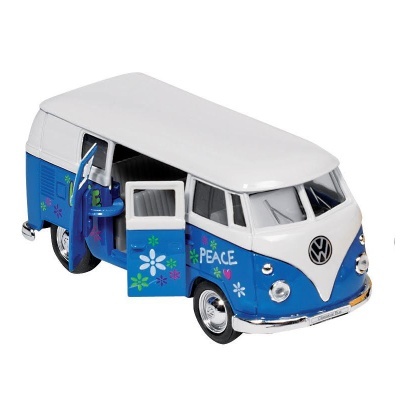 Miniatura carrinha Volkswagen azul e branco com portas abertas e decoração colorida