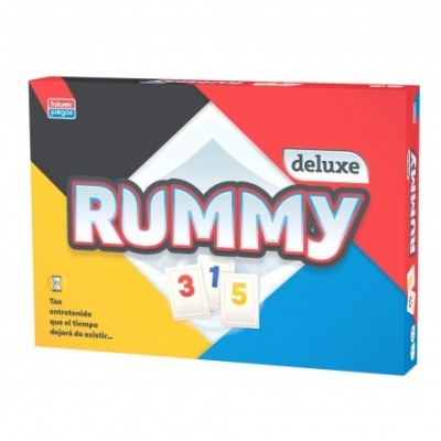 Caixa do jogo Rummy Deluxe com cores vibrantes e cartas numeradas