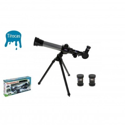 Telescópio preto e cinza com tripé, duas lentes adicionais e caixa de embalagem.