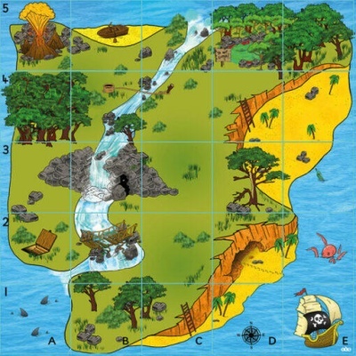 Mapa ilustrado da ilha com floresta, cachoeira, vulcão, praia, navio pirata e polvo rosa
