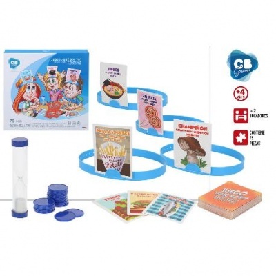Jogo educativo CB Games com cartas, fichas azuis, marcador de areia e embalagem azul e branca