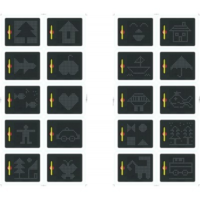 Doze quadros pequenos pretos com padrões pontilhados em várias formas